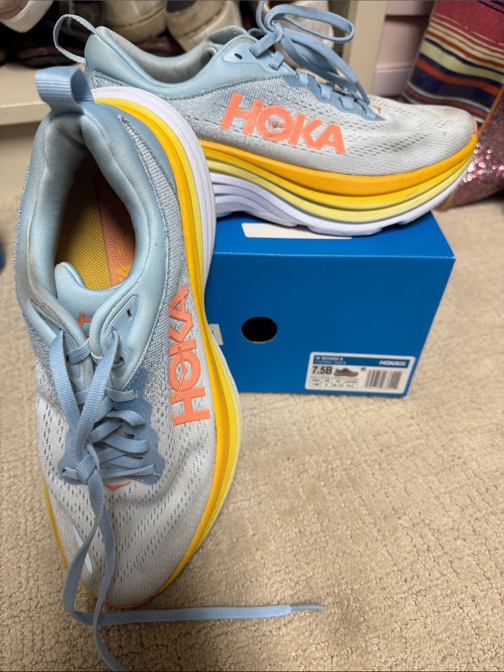 Hoka Kids Lightweight Sneakers in Light Blue with Yellow and Coral Accents